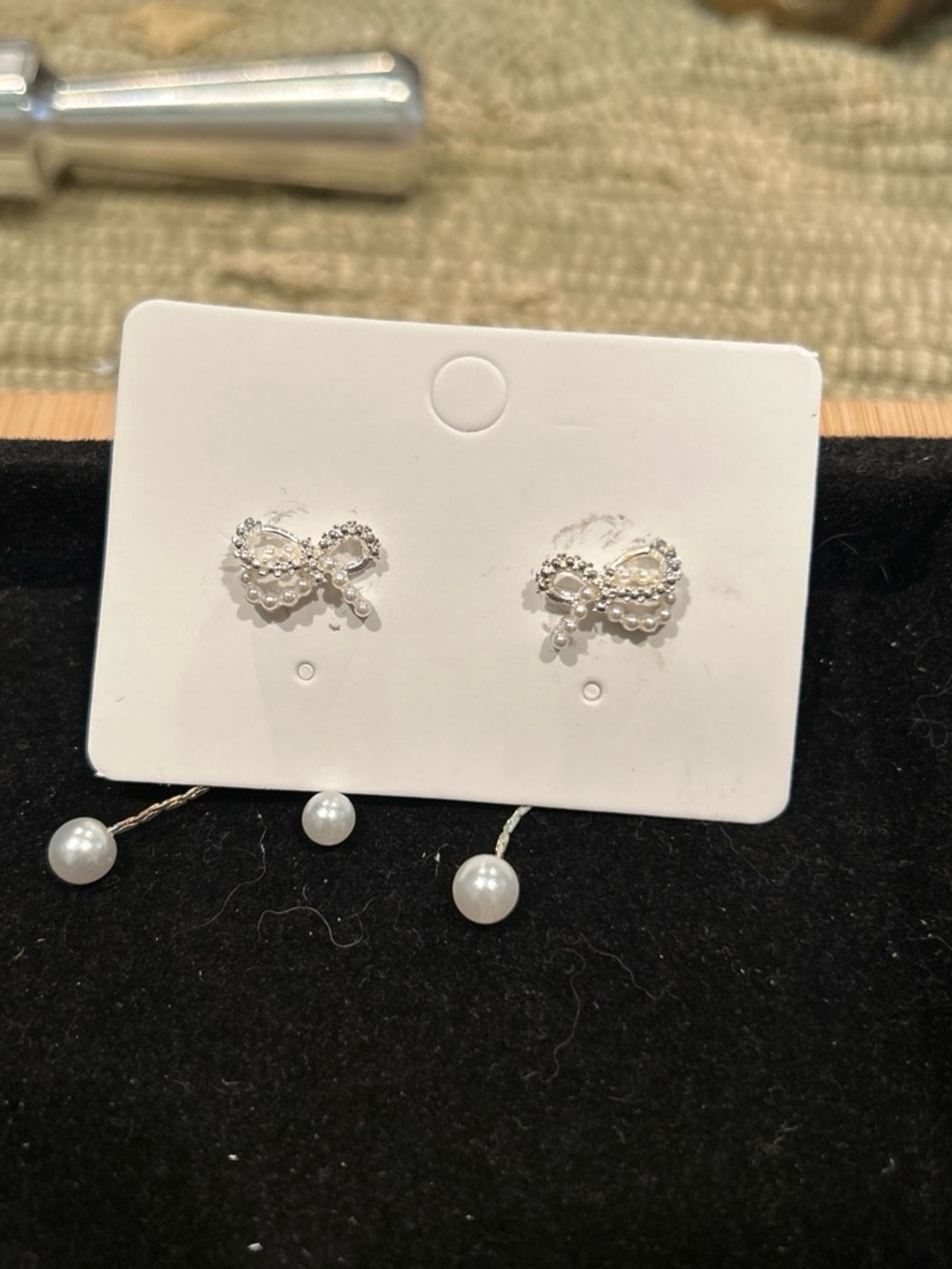 Pearl Bow Drop Earrings - White